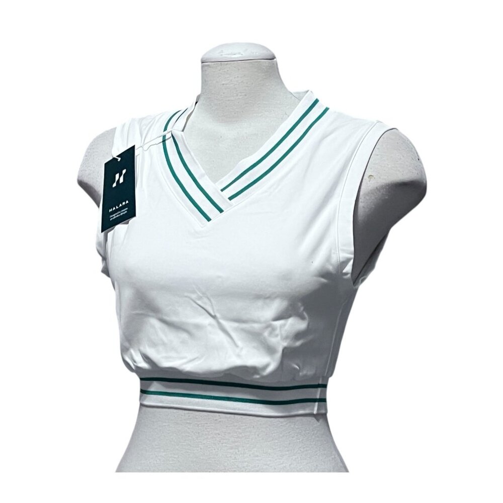 Halara V Neck Sleeveless Sport Striped Casual Cropped Shirt Sz XS White & Green - Picture 1 of 6